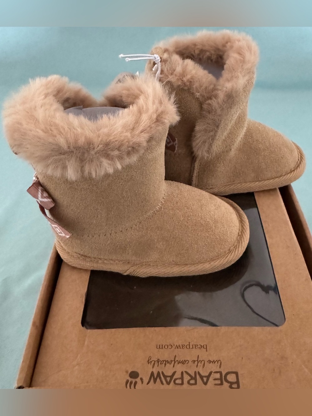 BearPaw Baby Girls Real Leather Tan Faux Fur Boots